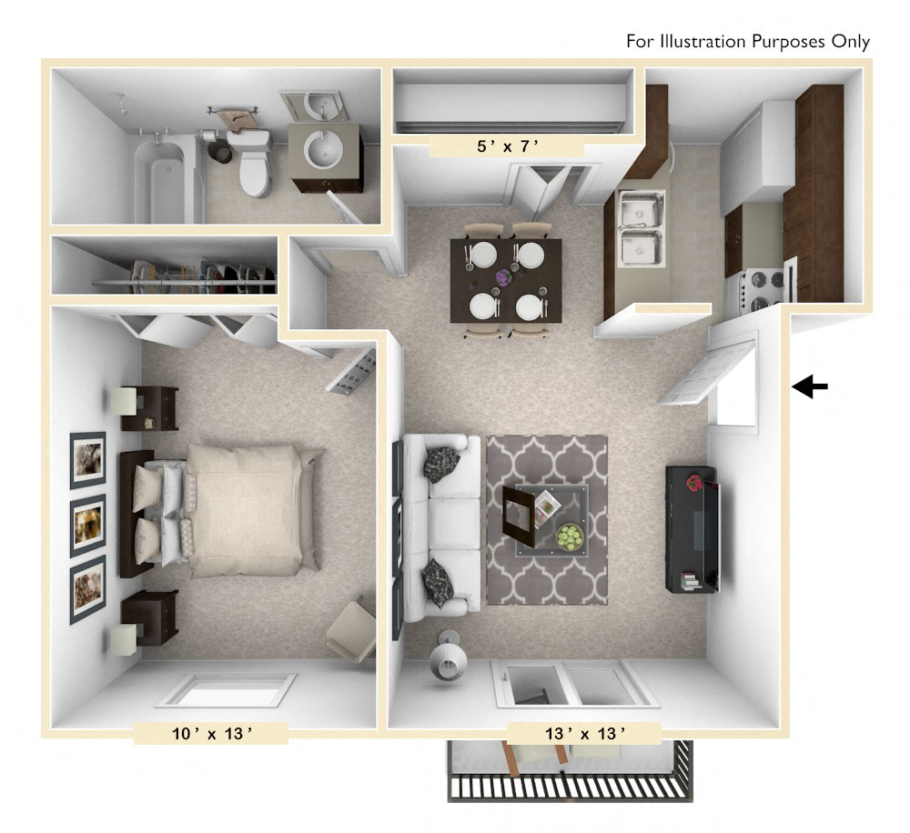 Floor plan for 1 bed, 1 bath, 528 sqft